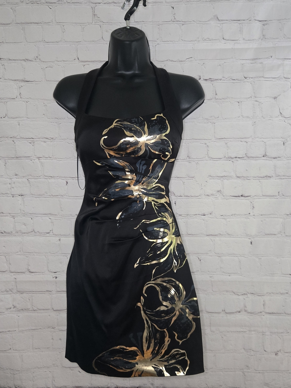 Cache Black Halter Dress with Gold Floral Accents Y2k Sz 2